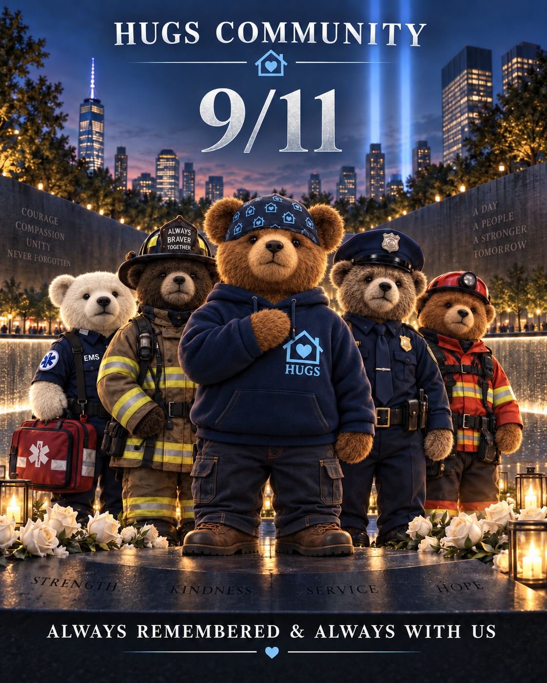 HUGS Community 9/11 memorial tribute featuring diverse first responder bears at the memorial